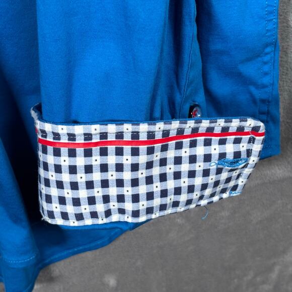 Butter Cloth Button Up Shirt Blue Check Trim Men’s L Long Sleeve Cotton - Picture 4 of 7